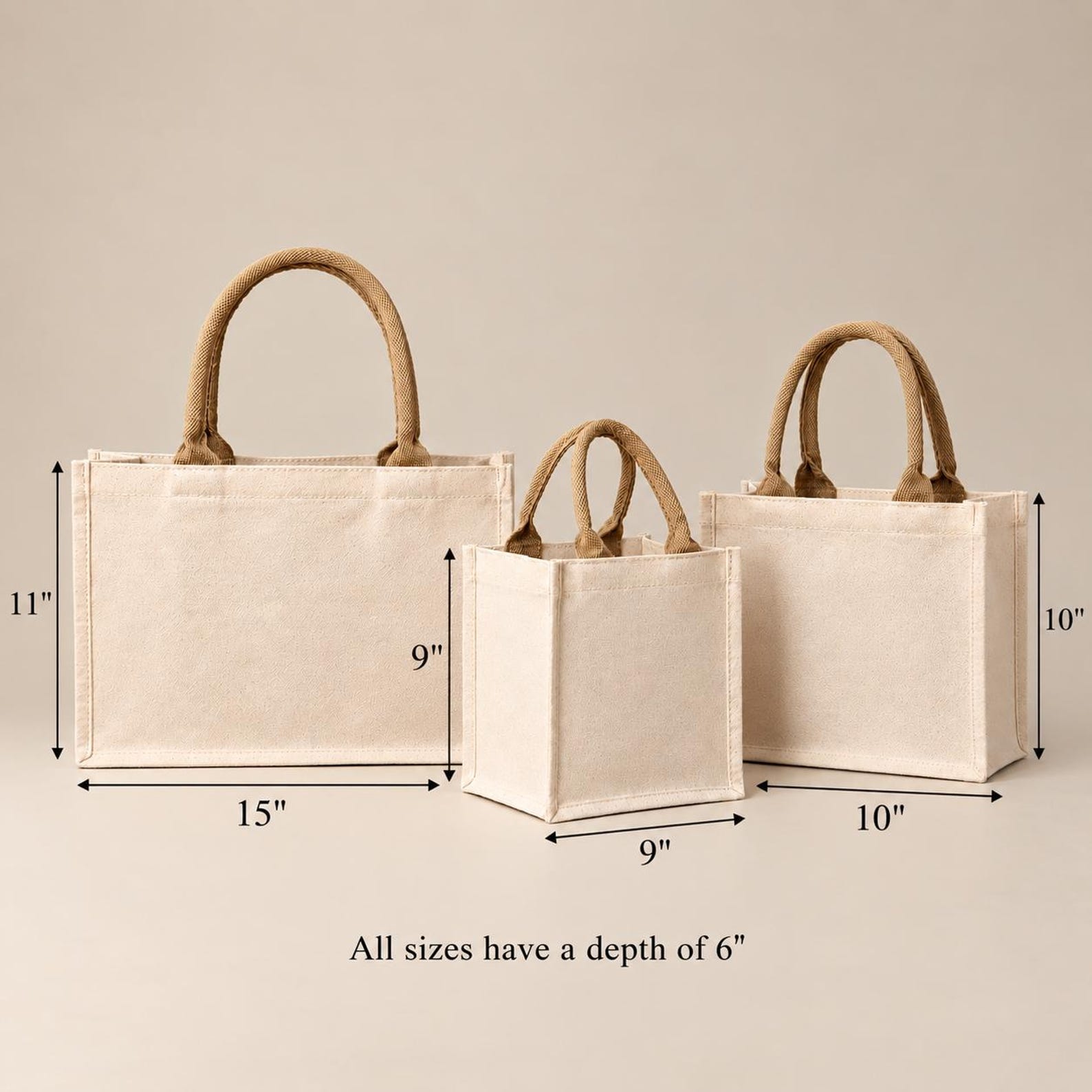 Canvas tote size chart: small 9 x 9, medium 10 x 10, large 15 x 11 inches; all 6 inches deep