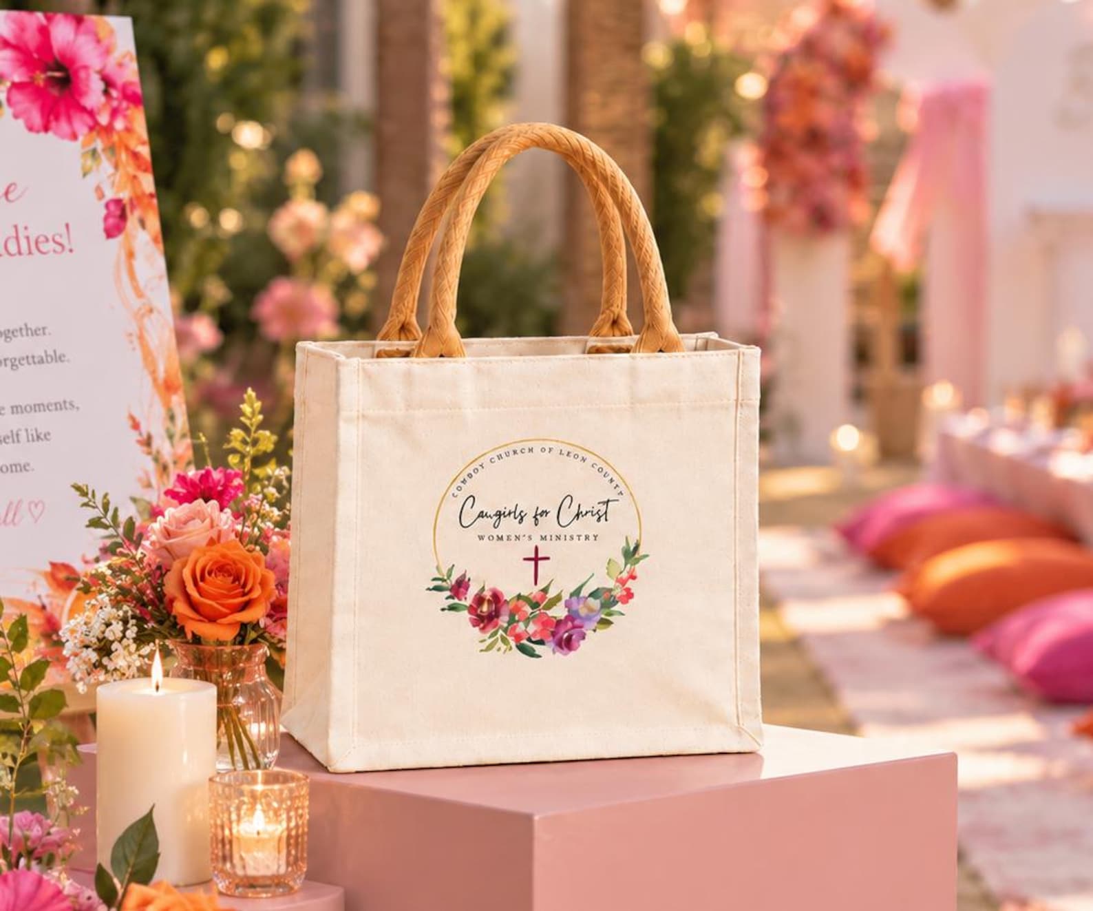 Custom floral artwork printed on a natural canvas gift tote