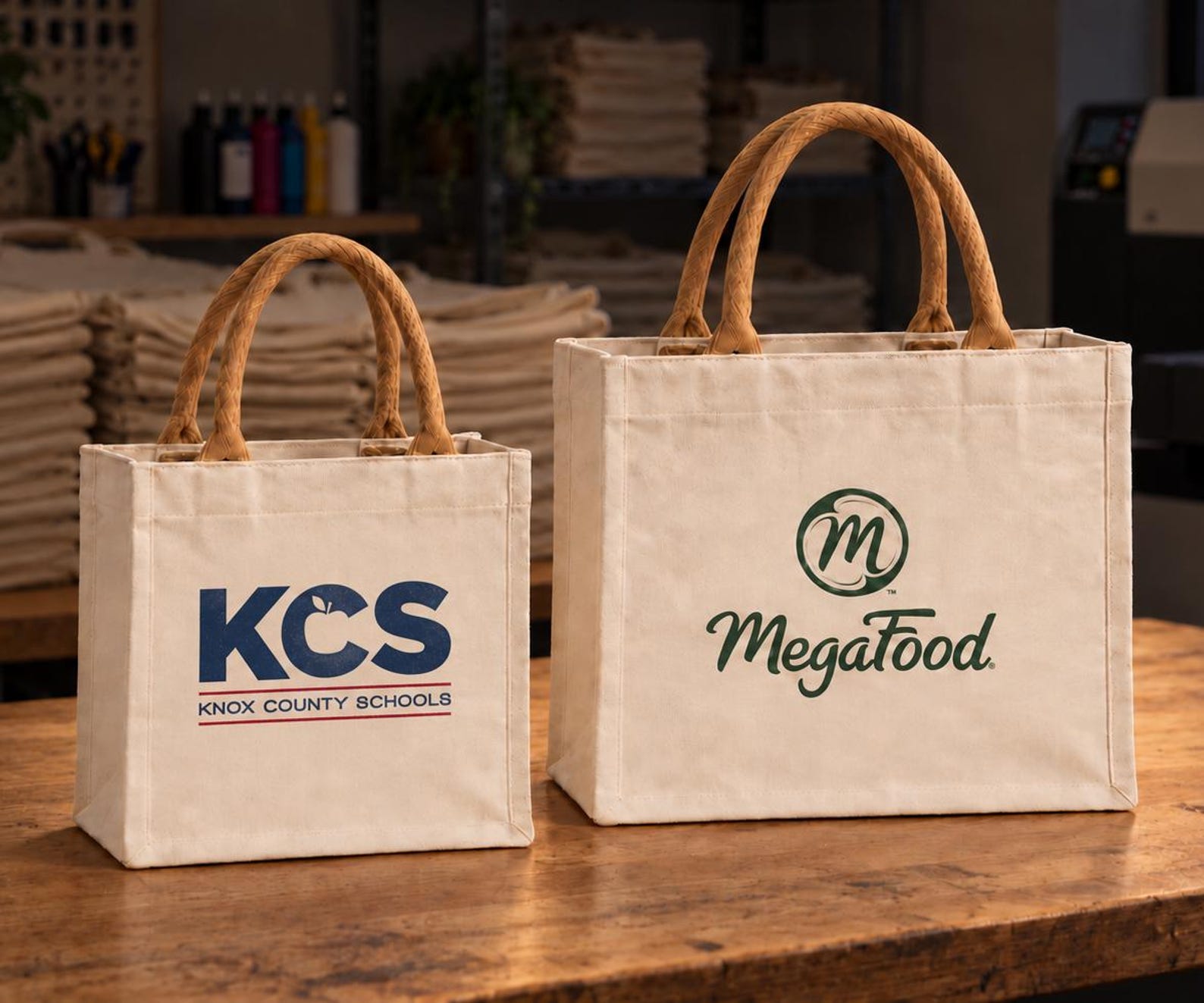 School and business logo examples on reusable canvas totes